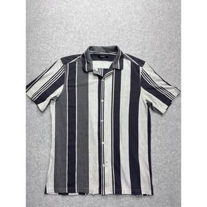 Zudio Mens Large Grey Black Striped Short Sleeve Camp Collar Button Up Shirt L